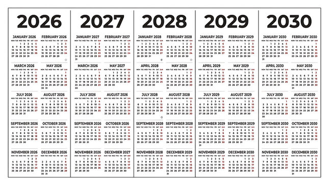 Professional multi-year calendar grid for 2026 to 2030, simple yearly planner template.