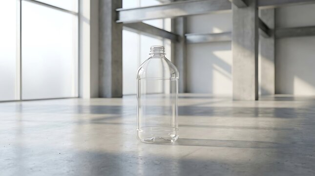 A clear 1 gallon bottle standing empty on a concrete floor in a large modern industrial loft building