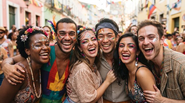 A group of diverse friends joyfully celebrating at a vibrant festival, their faces painted and beaming with smiles
