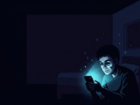16-bit pixel art horror banner of a person staring at a glowing phone in a dark room.