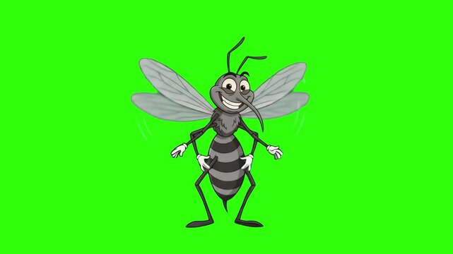A friendly 2D cartoon mosquito insect spreading its wings with a big smile on a chroma key green background. Great for pest control ads, insect repellent promos, summer bug warnings, educational biolo
