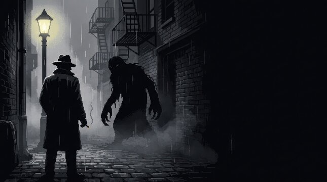 Pixel art noir horror detective banner featuring an eldritch shadow monster in a rainy city alleyway with monochrome retro game aesthetics and ample copy space.