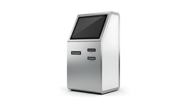 A modern silver and white interactive information kiosk stands against a white background.