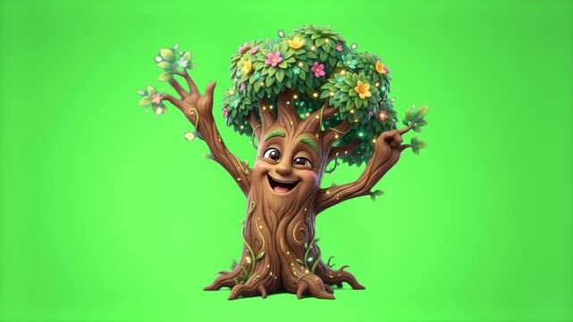 A friendly 3D animated magical tree character with a smiling face and blooming flowers waving its branch arms on a chroma key green background. Perfect for fairytale storytelling, environmental educat