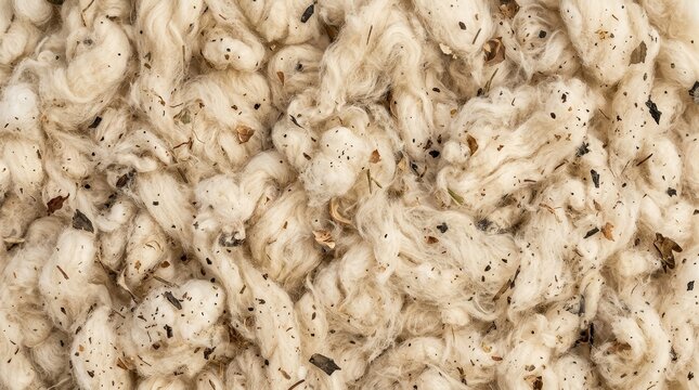 Close up view of raw cotton fibers with small debris