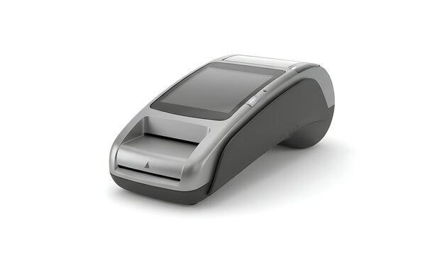 A modern silver and black portable payment terminal sits against a clean white background.
