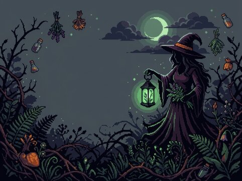16-bit Pixel Art Halloween Witch Banner with Mystical Botanical Garden and Copy Space. Retro Gaming Aesthetic Herbalist Illustration with Glowing Lantern and Night Flora.