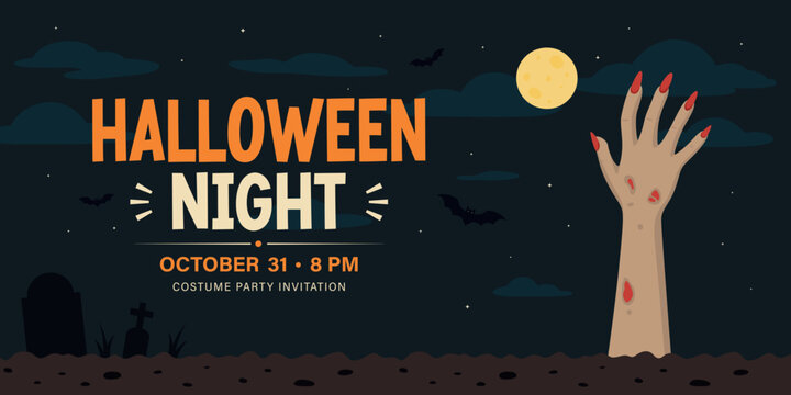Halloween Invitation Vector Illustration. Halloween Party Banner. Halloween Night Poster with Zombie Hand, Moon, Bats, Graveyard. Spooky October Event Flyer for Costume Party, Holiday Celebration
