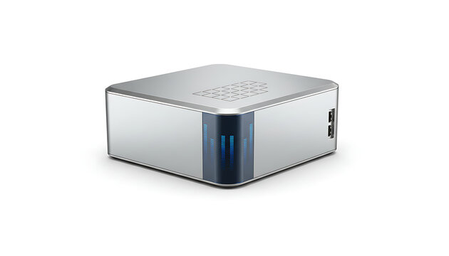 Sleek silver mini PC with a metallic finish and blue corner sensor on a white background.