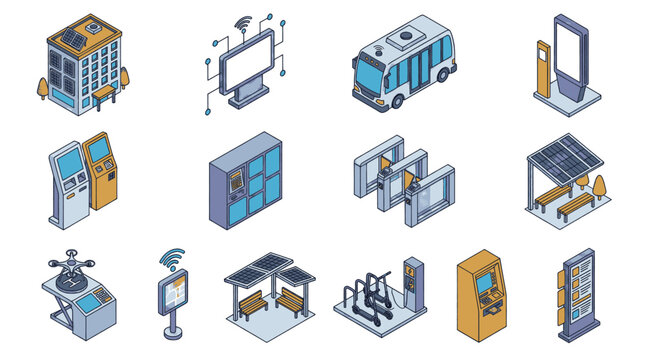 Collection of isometric icons representing smart city elements and technology.