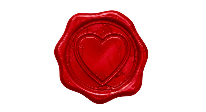 Red wax seal with embossed heart symbol on white background