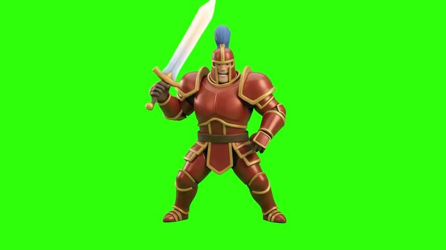 A powerful 3D cartoon knight warrior wearing full red plate armor and blue helmet crest holding a broadsword, isolated on a solid green chroma key background. Perfect for fantasy game promos, medieval