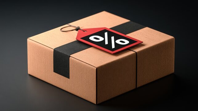 Cardboard box tied with dark ribbon features a red price tag displaying percentage symbols clearly.