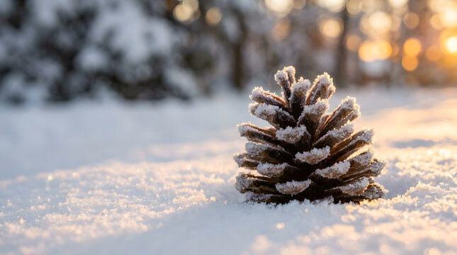 Pinecone dusted with fresh white snow sits on the ground during a cold winter morning sunrise.