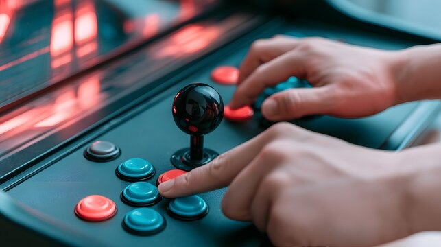 Playing classic arcade machine with joystick and buttons video games arcade controller joystick control gaming buttons retro gaming arcade cabinet game play gamer hands electronic game