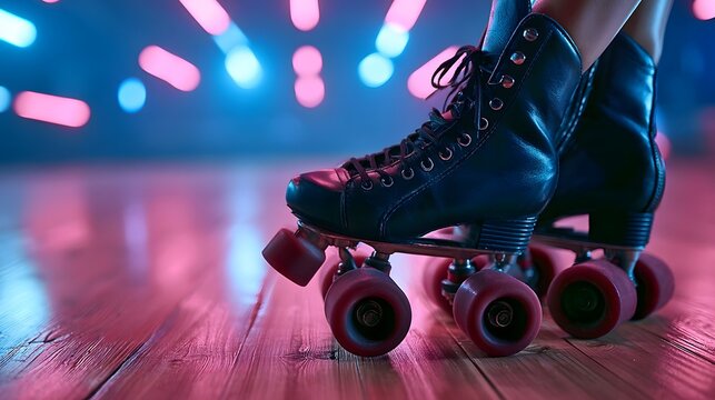 Close up of roller skates on a neon light dance floor with disco skating rink neon lights colorful lights skating boots vintage sports fun activity active lifestyle skate wheels