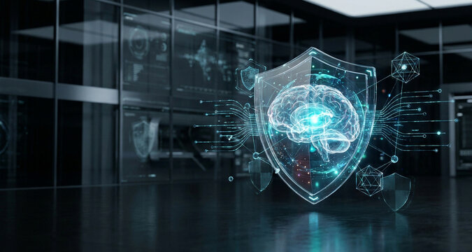 Futuristic AI Cybersecurity Neural Network Protecting Digital Data and Network Security