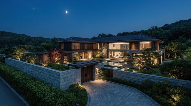 Modern two story house behind stone boundary walls with courtyard pool at night
