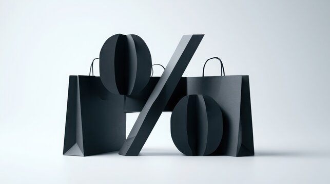 Black paper shopping bags arranged to form a large percentage sign against a clean white backdrop today.