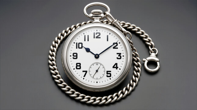 Vintage silver pocket watch with chain and white dial isolated on dark background, antique timepiece clockwork for retro style, elegance, and time concept