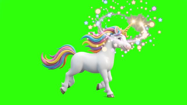 A majestic white 3D unicorn levitating and maintaining position with a full rainbow mane and tail, surrounded by a swirling halo of magic sparkling dust around its horn, isolated on a solid green chro