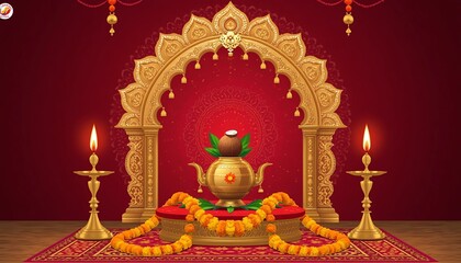 Obraz premium Indian festival puja background with golden mangal kalash coconut burning brass samai lamps and temple arch on red backdrop