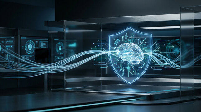 Futuristic AI Cybersecurity Neural Network Protecting Digital Data and Network Security