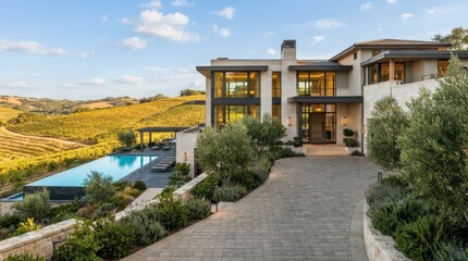 Fototapeta premium Contemporary vineyard house with a curved driveway and hillside infinity pool