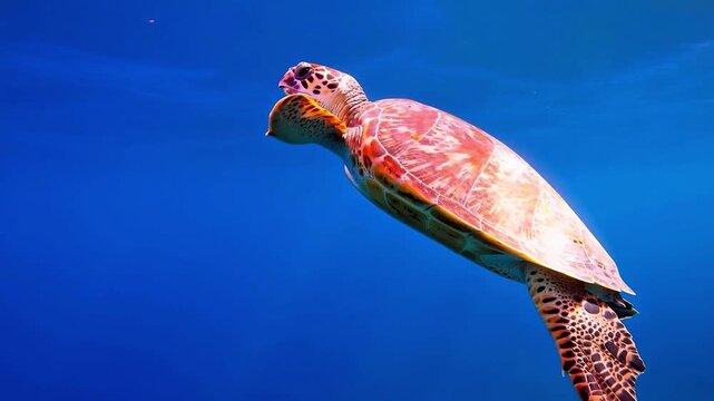 A sea turtle gracefully swimming through deep blue ocean water, capturing the tranquil beauty of marine wildlife in its natural aquatic environment.