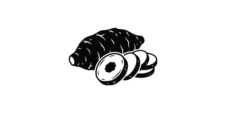 Hand drawn illustration of a whole and sliced Jerusalem artichoke root vegetable.