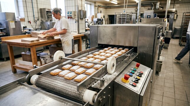 Industrial bakery conveyor belt moving freshly baked pastries dusted with sugar powder while a female worker stands near wooden table preparing packaging materials in commercial kitchen