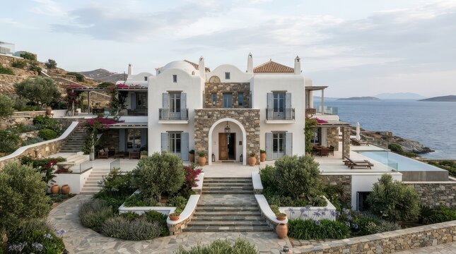 White coastal villa with curved parapets and pool overlooking the sea