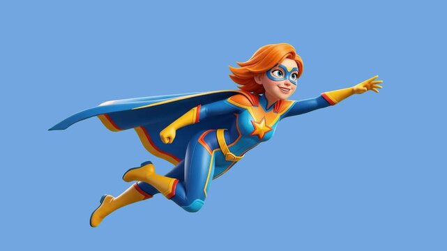 A dynamic 3D animated female superhero with red hair flying in a blue and yellow costume against a clean blue studio background. Suitable for power concepts, leadership, protection, fast delivery prom