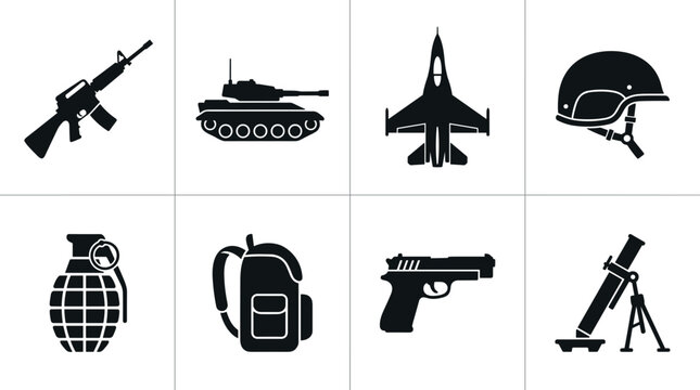 Military and warfare black silhouette icon set featuring rifle tank fighter jet helmet grenade backpack pistol and mortar flat vector