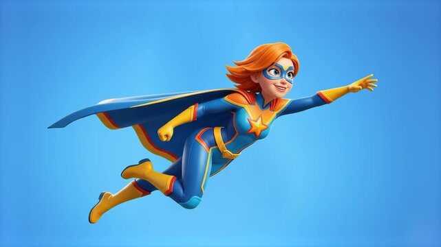 A 3D cartoon superhero woman with red hair, blue suit, cape, and eye mask flying dynamic forward pose, set against a bright sky blue backdrop. Great for kids entertainment videos, mobile game characte