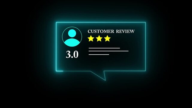 Glowing neon Rating 3 stars icon animation. animation customer review concept, character giving three star feedback on neon rectangle. 4k animated customer satisfaction rating reivew video