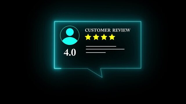 Glowing cyan color neon Rating 4 stars icon animation.  customer review concept, character giving four star feedback on neon rectangle. 4k animated customer satisfaction rating reivew video
