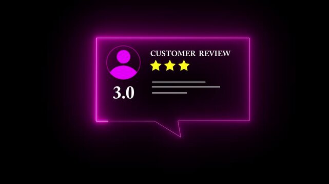 Glowing pink color neon Rating 3 stars icon animation.  customer review concept, character giving 3 star feedback on neon rectangle. 4k animated customer satisfaction rating reivew video