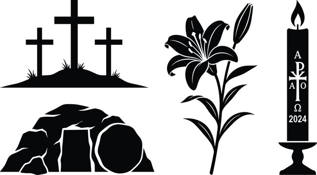 Easter Religious Silhouette Set with Three Crosses Tomb Lily and Paschal Candle