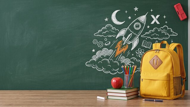 Back to school essentials with a yellow backpack, school supplies, and playful doodles on a green background