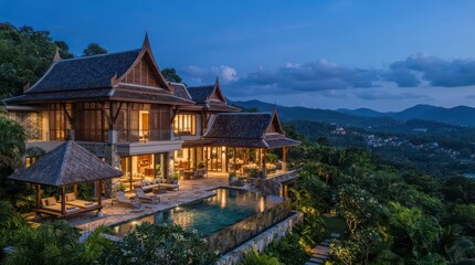Obraz premium Thai style hillside house with poolside pavilion and distant town at twilight