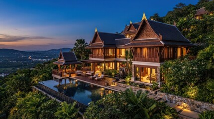 Fototapeta premium Thai style villa with ornate roof gables and infinity pool at sunset