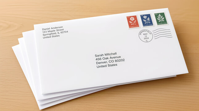 Stack of addressed white postal envelopes with postage stamps and postmark on wooden desk for mail delivery correspondence