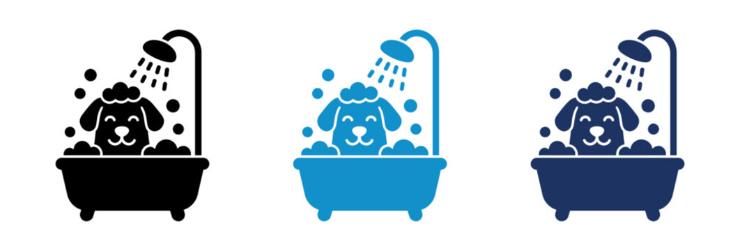 Cute dog taking a bath in a tub with soap bubbles and shower head icon set.