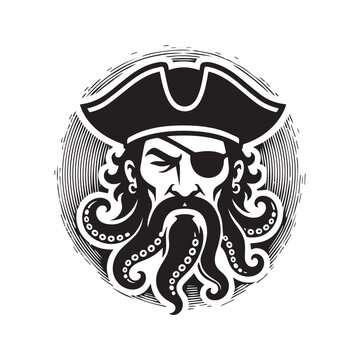 Stylized black and white vector illustration of a pirate captain with octopus tentacles as a beard, wearing a traditional tricorn hat and eyepatch, circular nautical fantasy emblem.