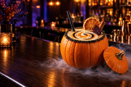 Pumpkin Colada Cocktail Served in a Real Pumpkin for Halloween
