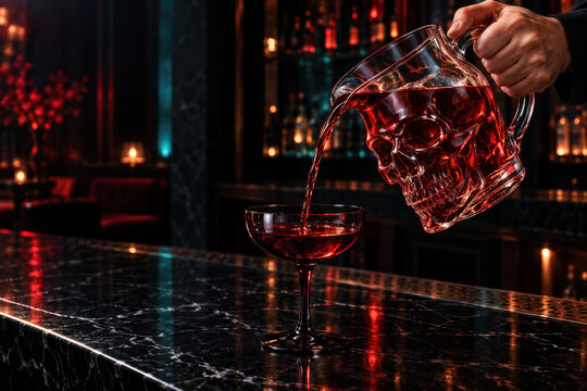 Ruby Halloween Cocktail Poured from Crystal Skull Pitcher
