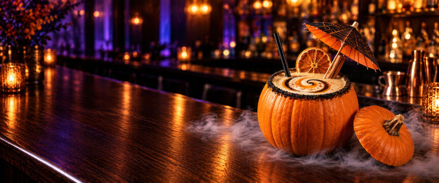 Ultra Wide Pumpkin Colada Halloween Cocktail with Spiderweb Umbrella