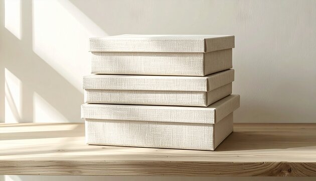 Stacked plain linen storage boxes on a pale oak shelf