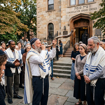 a diverse group of people standing outside a traditional synagogue building. A ba'al tekiah (shofar blower) is sounding a long, curved ram's horn. The crowd is listening intently with expressions